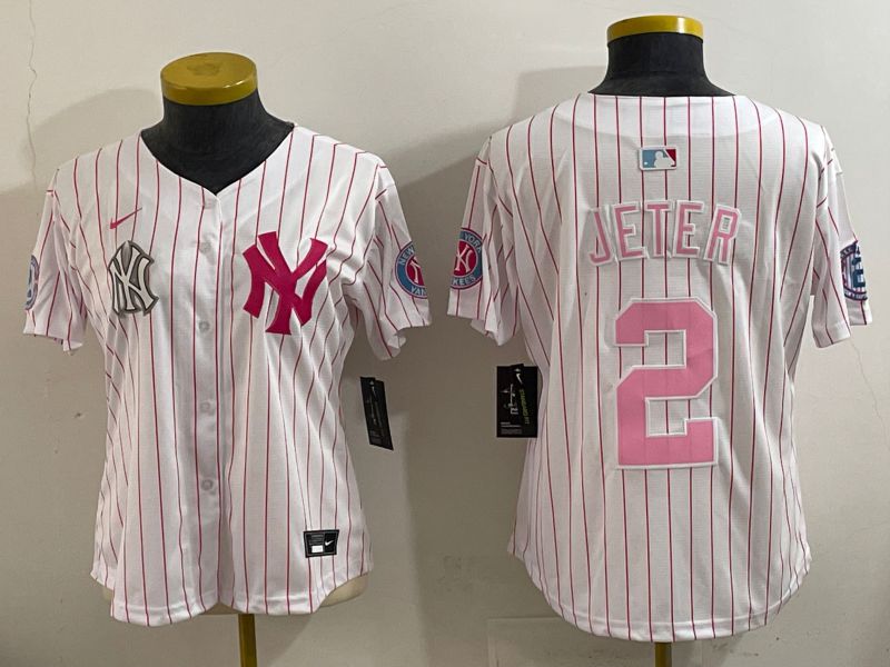 Youth 2025 New York Yankees #2 Jeter White pink Joint Name Nike MLB Jersey style 2